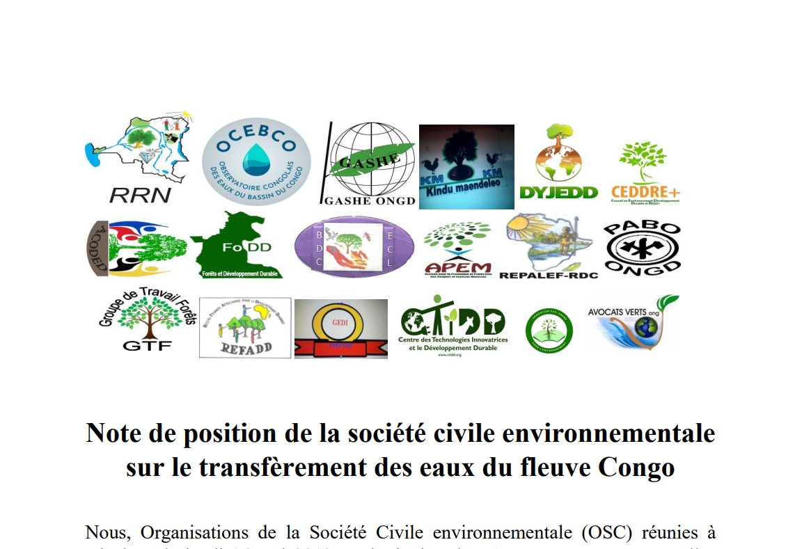 Note de position de la société civile environnementale sur le transfèrement des eaux du fleuve Congo