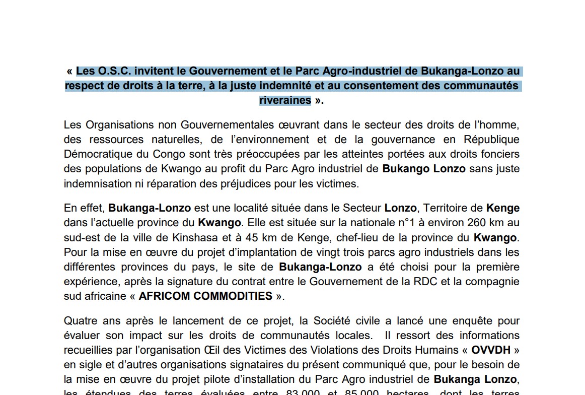 Les O.S.C. invitent le Gouvernement et le Parc Agro-industriel de Bukanga-Lonzo au  respect de droits à la terre, à la juste indemnité et au consentement des communautés riveraines
